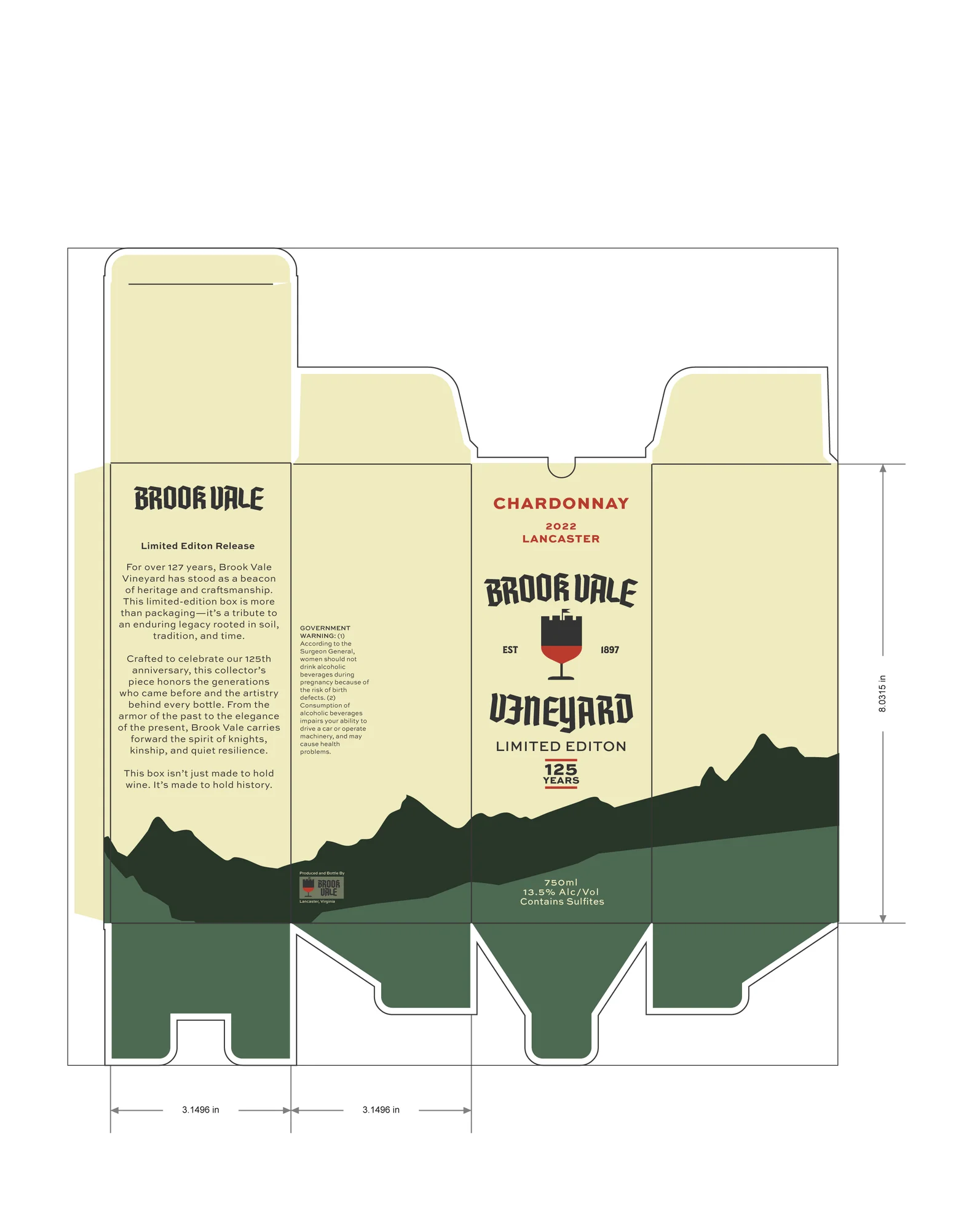 Brook Vale shipping box — full dieline and structural specs