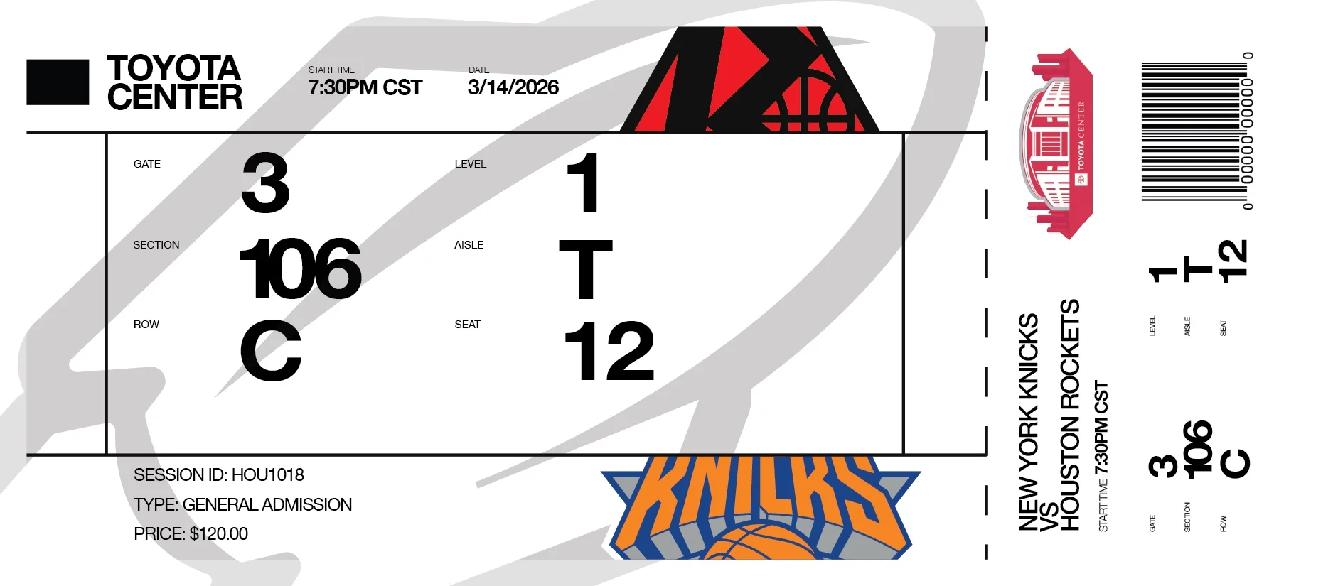 Printed arena ticket stub